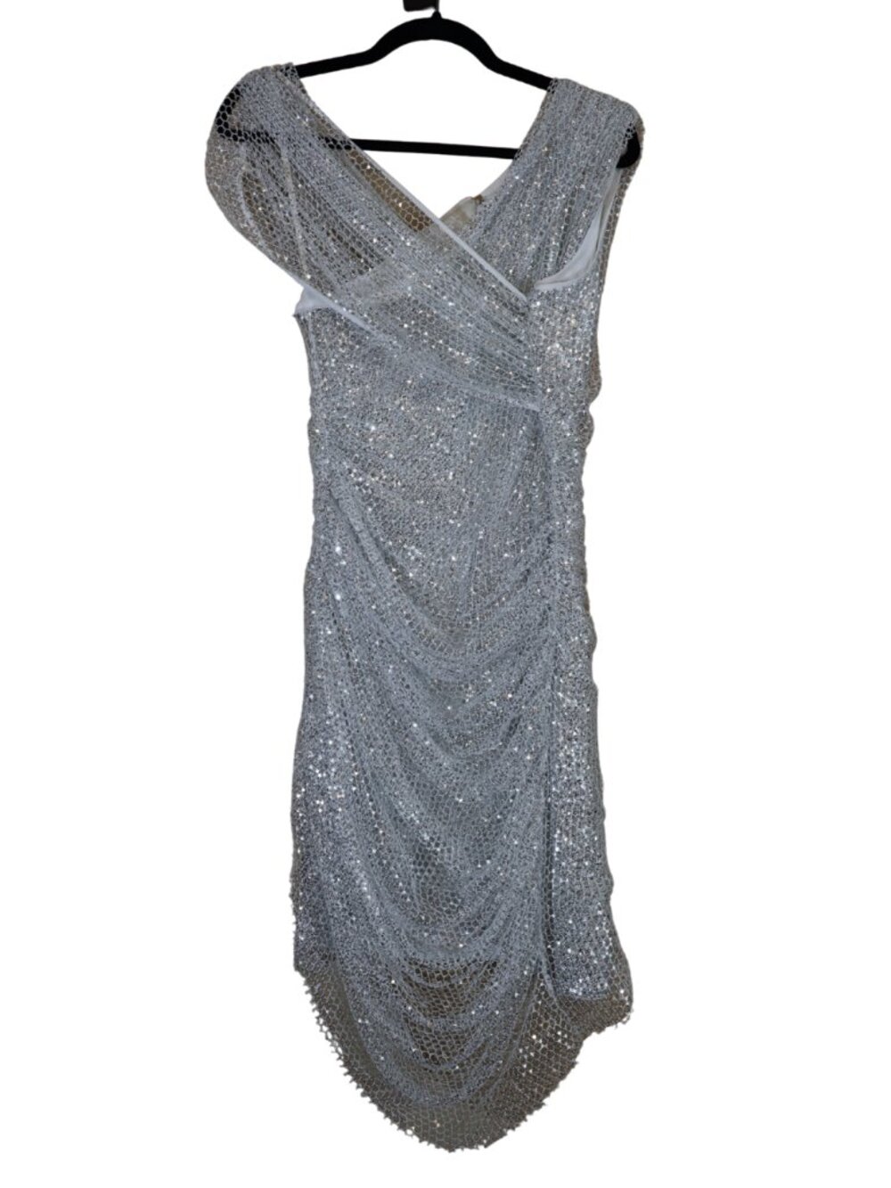 Badgley Mischka Silver Sequin Ruched Drape Cocktail Dress 8